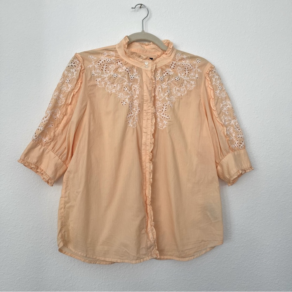 J. Crew Peach Embroidered Ruffle Front Blouse